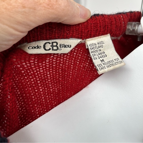 Vintage Code Bleu Womens 100% Shetland Wool Cardigan Red Grandpa Classic Trim - Picture 6 of 7